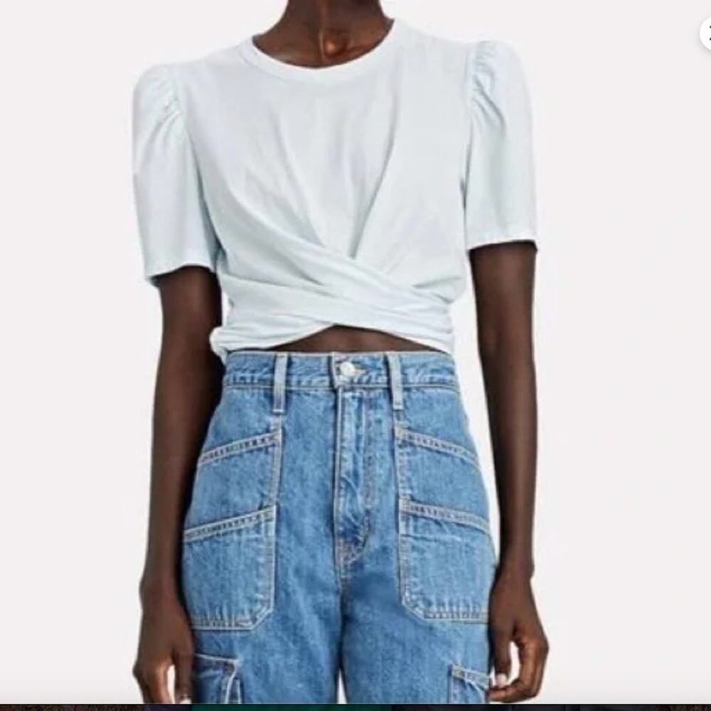 A.L.C. Monica Twist Front Tee NWT Small Light Blue Cotton Cropped Shirred Sleeve